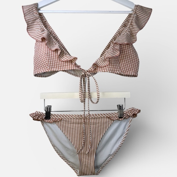 aerie Other - aerie Brown and Cream Striped Ruffle Bikini Set